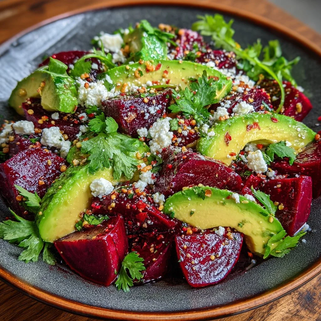 Salade de betteraves, avocat et feta sur une assiette colorée.