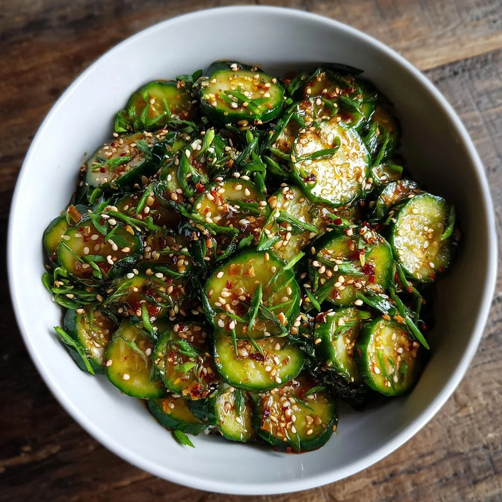 Salade de concombre coréenne servie dans un bol avec des légumes frais.