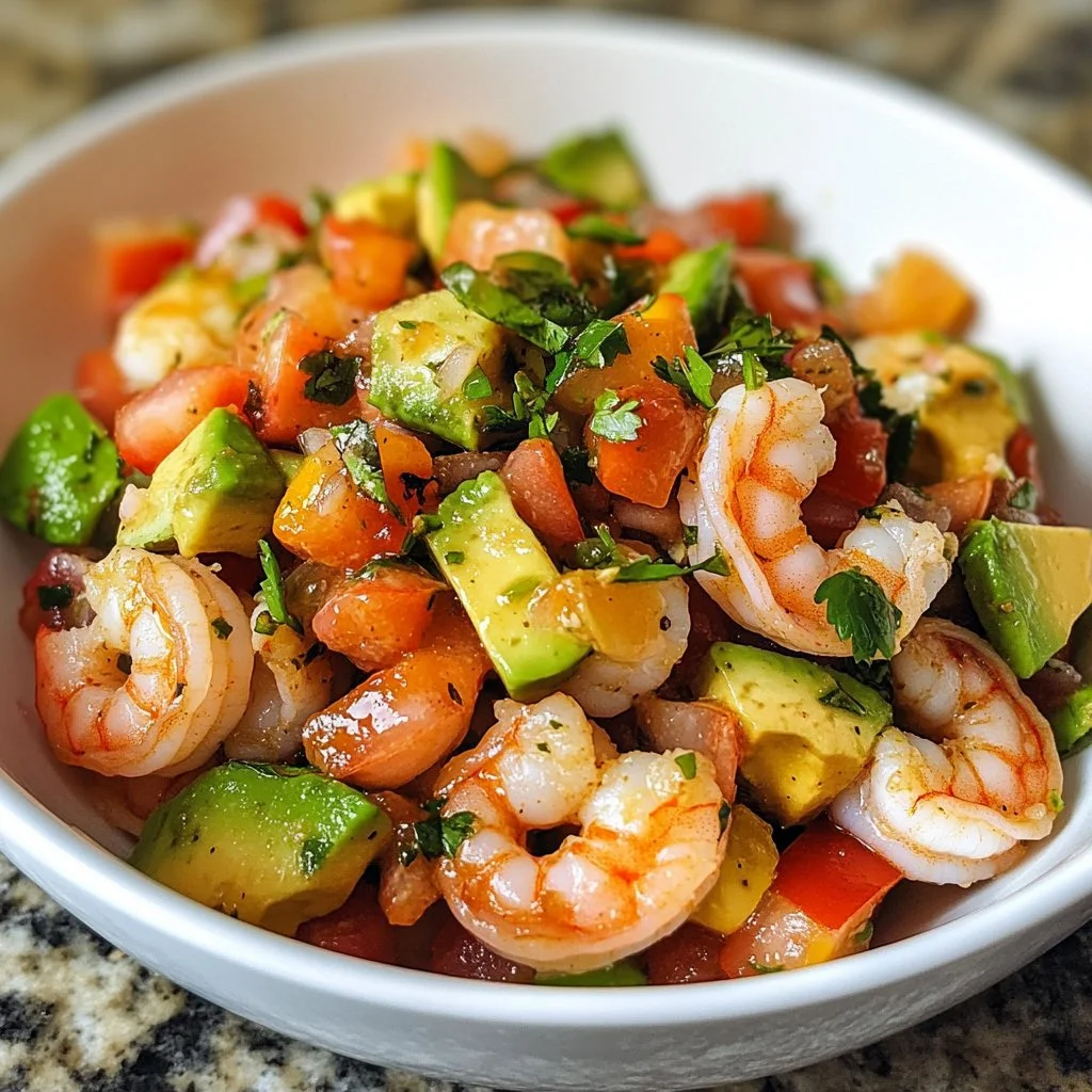 Salade de crevettes garnie de salsa d'avocat fraîche et colorée