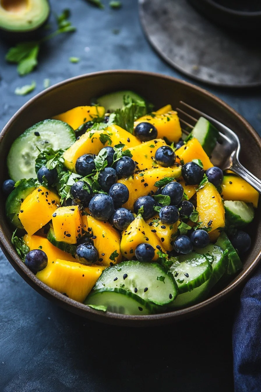 Salade de mangue et concombre avec myrtille et avocat
