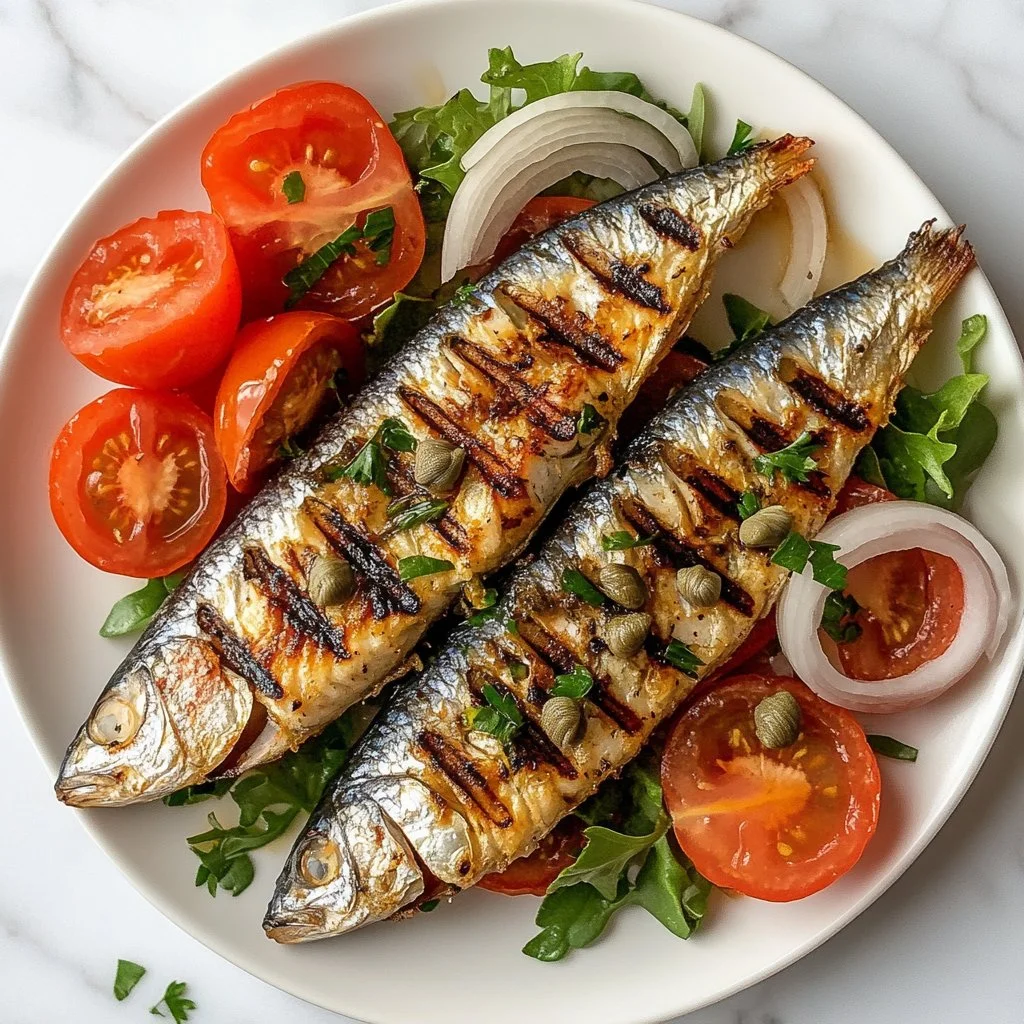 Salade de sardines frites fraîches garnie de légumes colorés