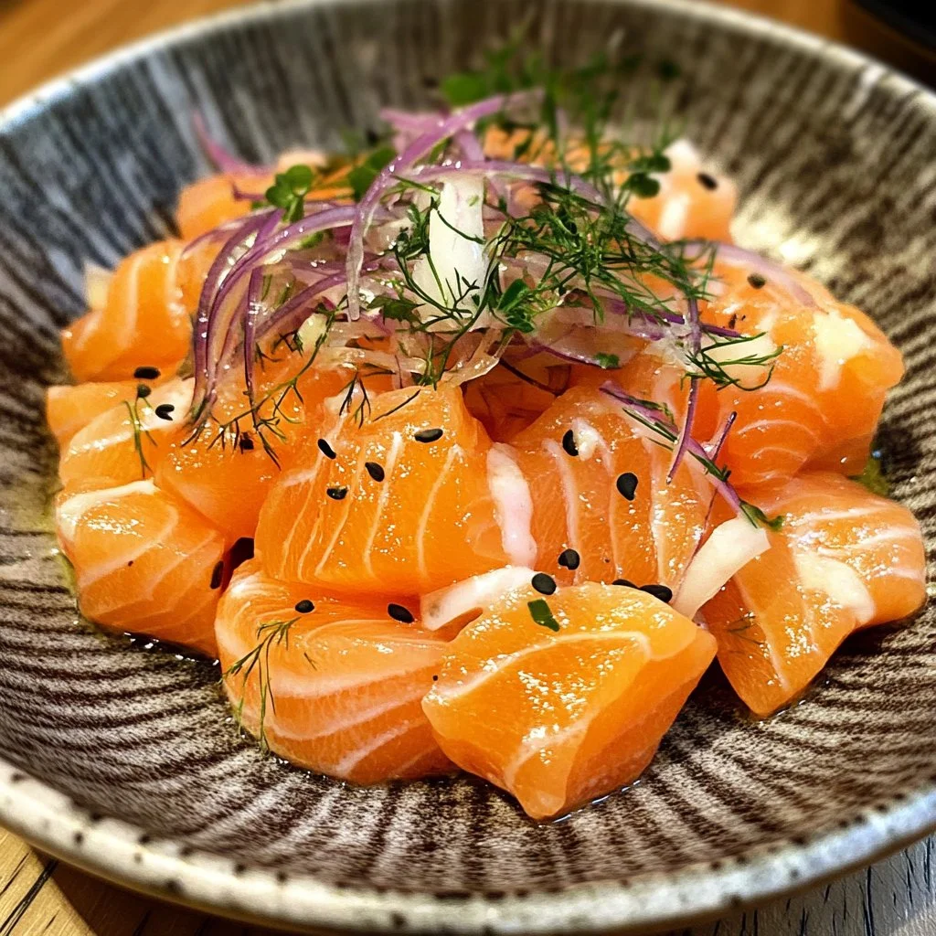 Saumon cru frais prêt à être dégusté en sashimi ou tartare.