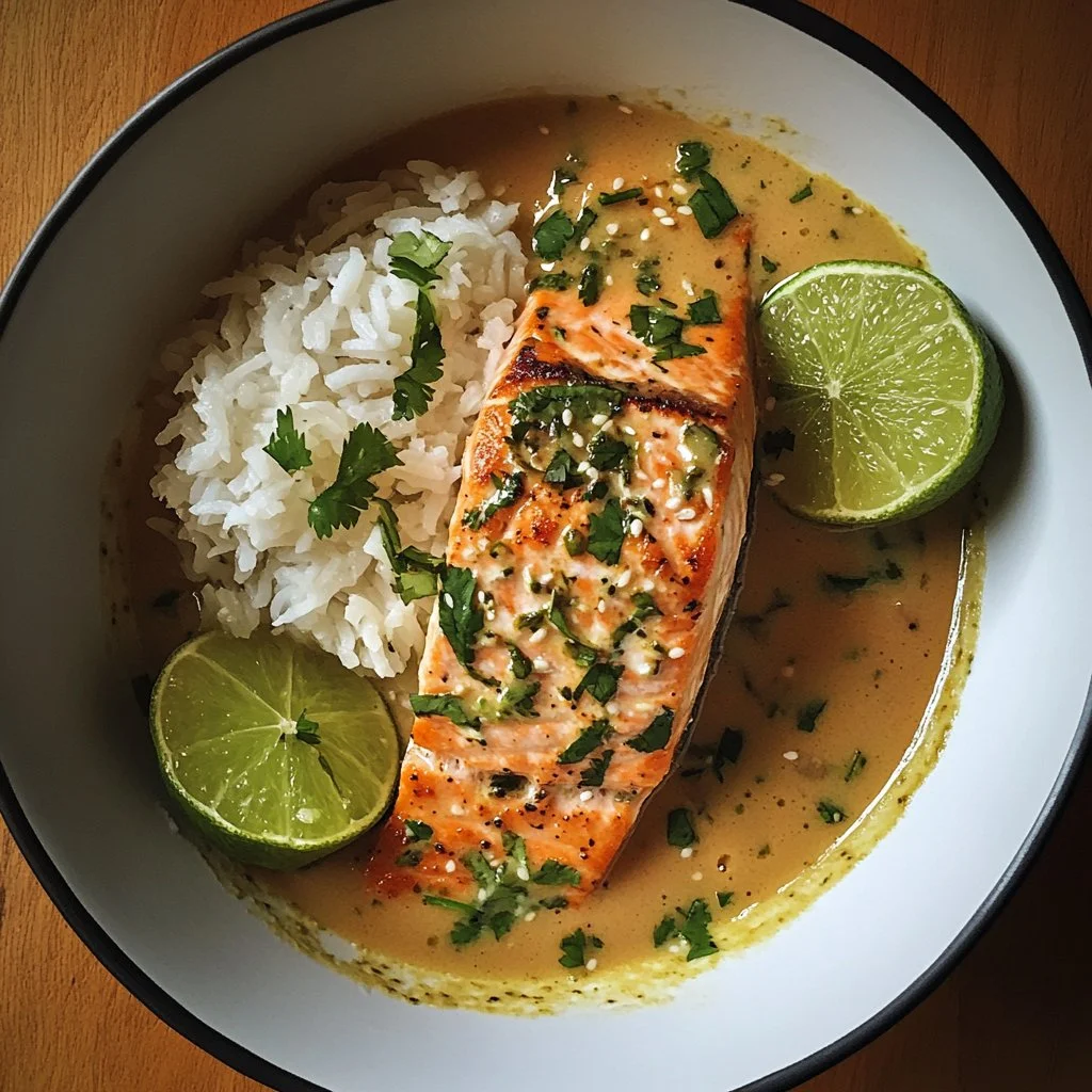 Saumon poché dans une sauce au lait de coco et au citron vert