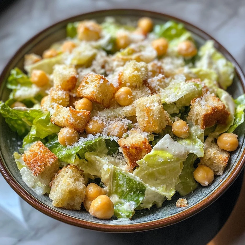 Salade romaine Caesar avec croûtons de pois chiches croustillants.