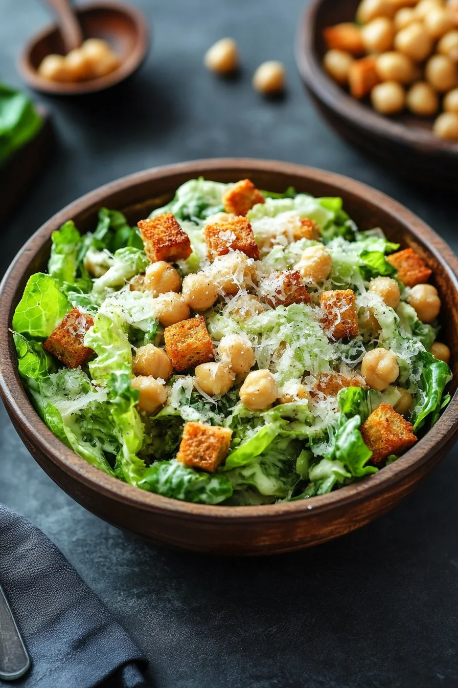 Simple Romaine Caesar Salad with Crunchy Chickpea Croutons
