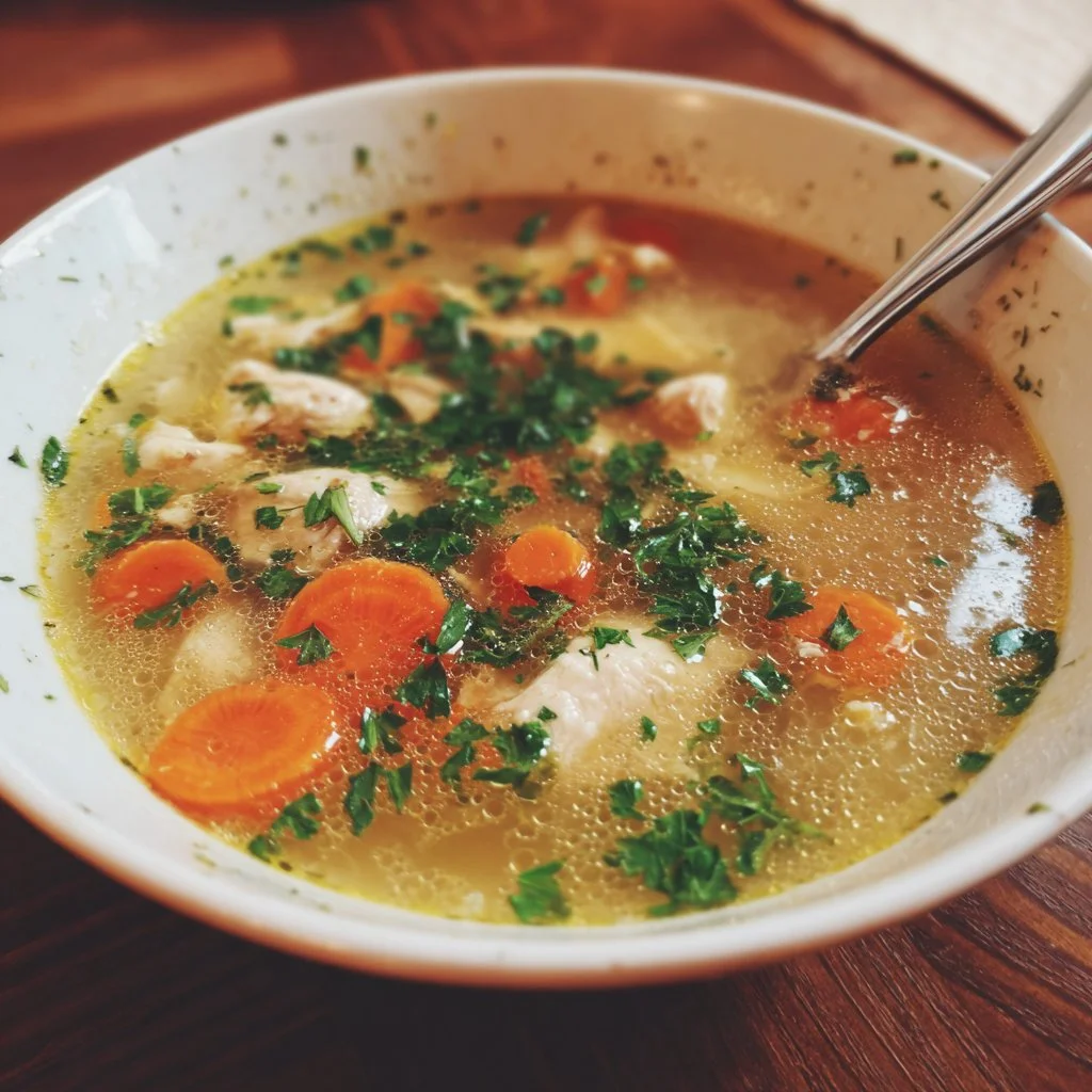 Soupe de poulet maison saine servie dans un bol