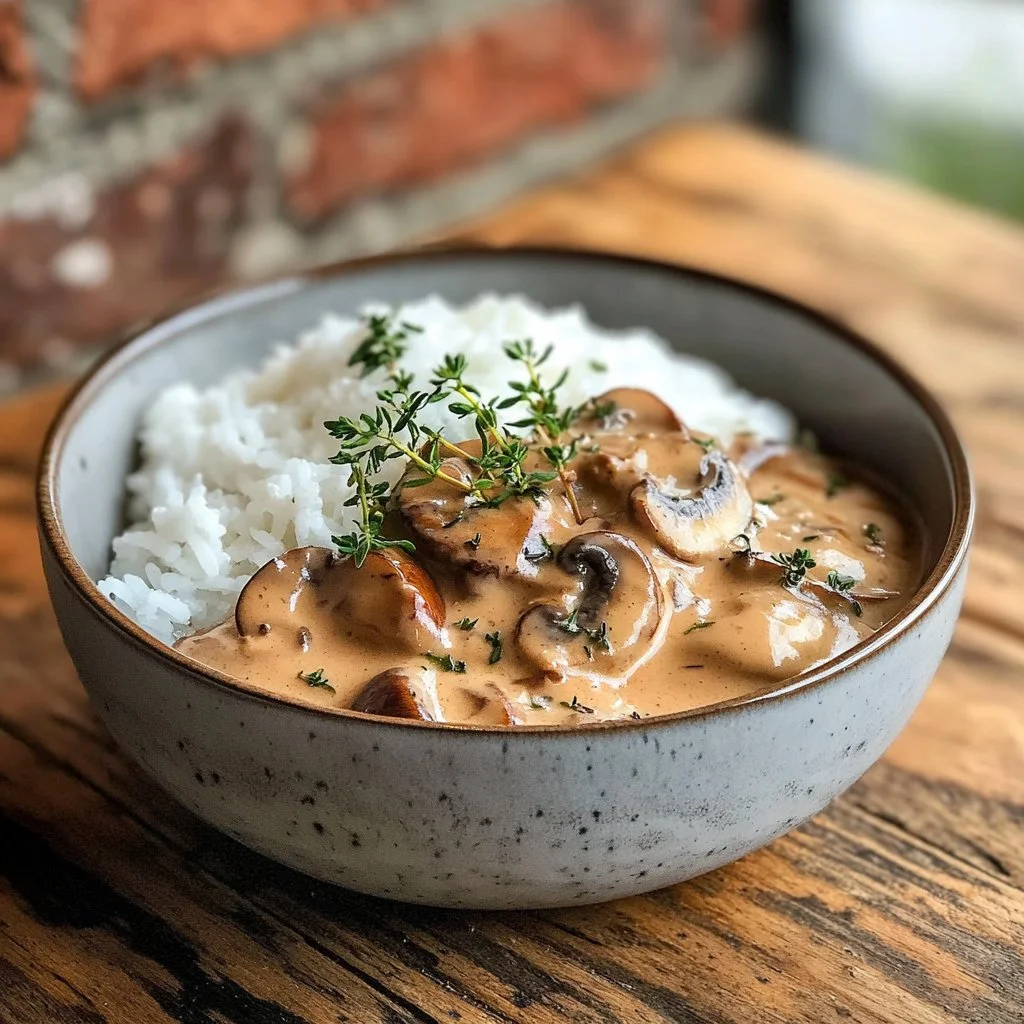 Plat savoureux de Stroganoff aux Champignons, prêt à déguster.