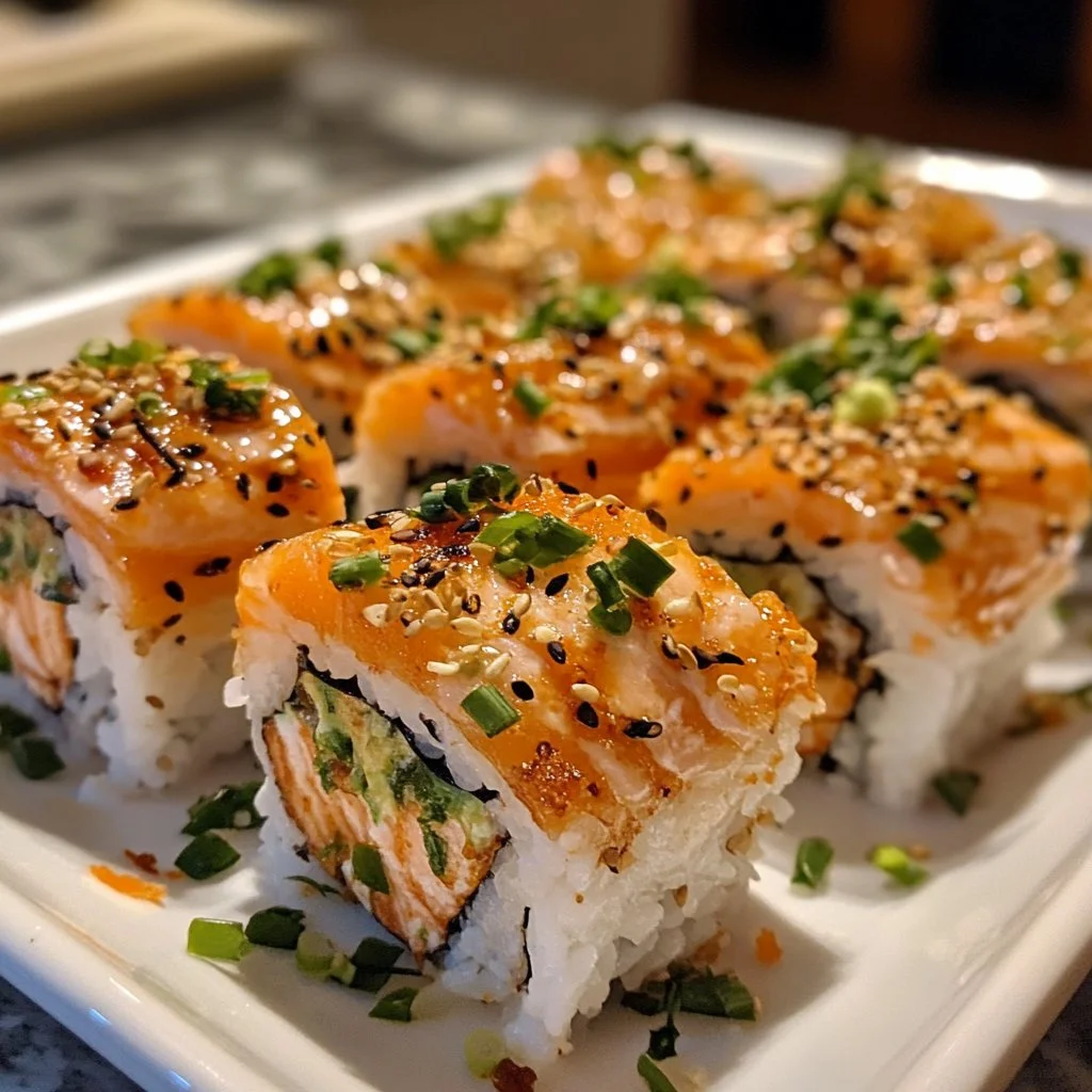 Sushi au saumon épicé cuit au four, plat délicieux et réconfortant.