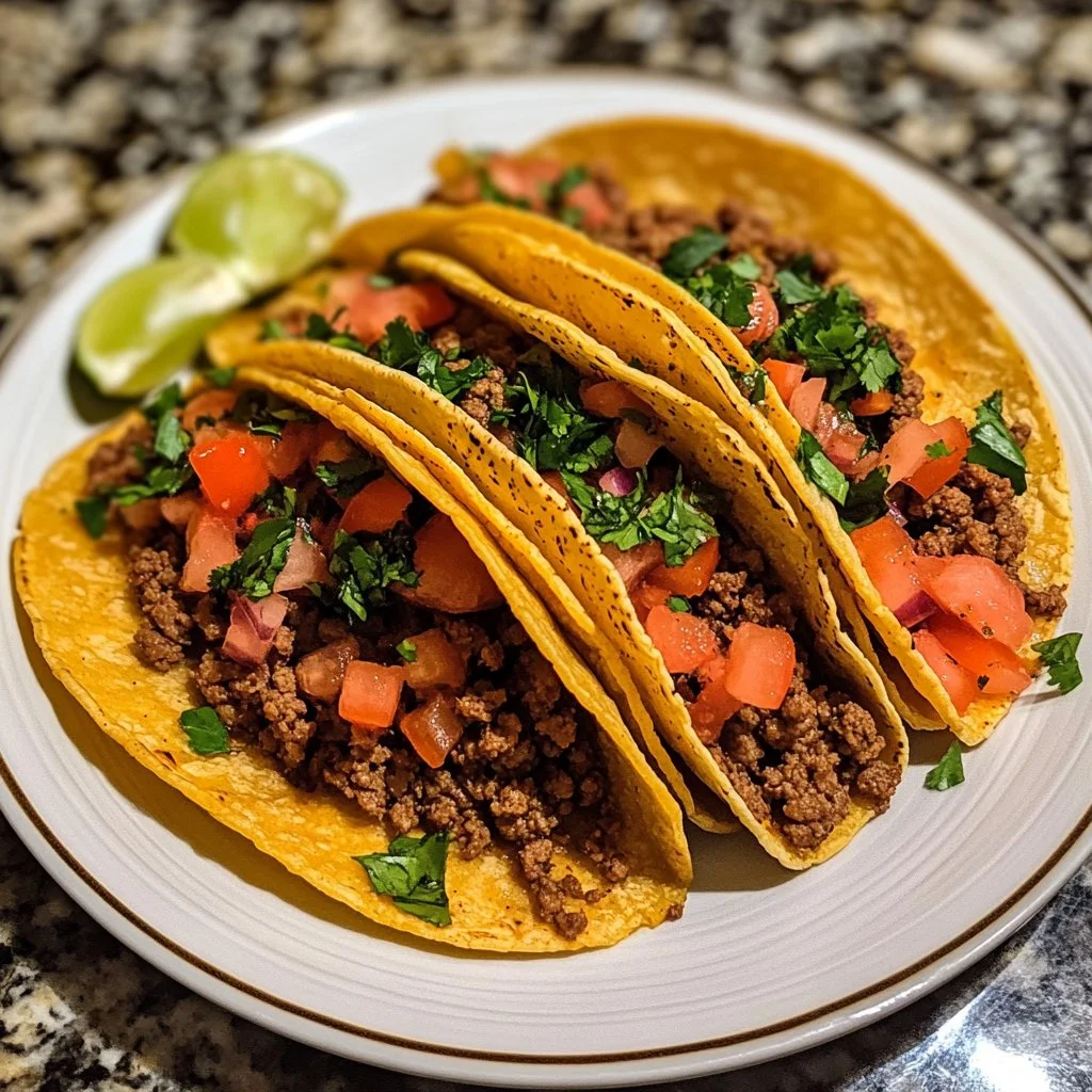Tacos de boeuf haché croustillants garnis de légumes frais et de sauce