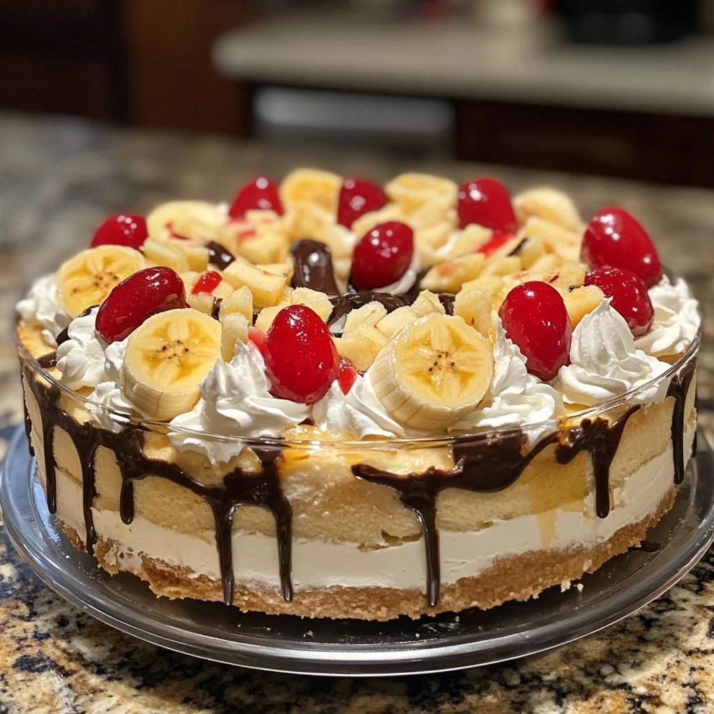 Tarte aux Bananes Splittées garnie de tranches de banane et crème