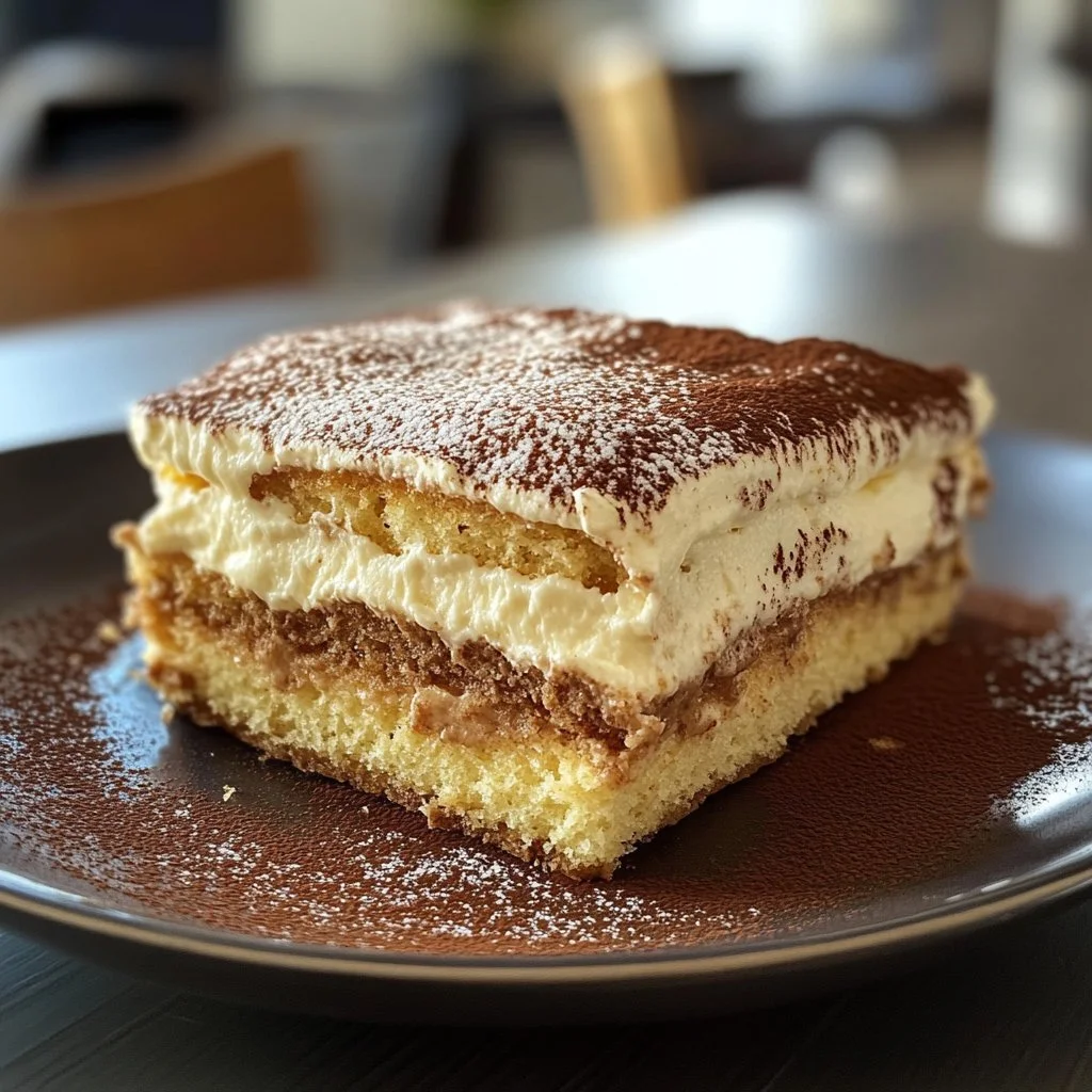 Délicieux tiramisu traditionnel sur une assiette avec une garniture au cacao
