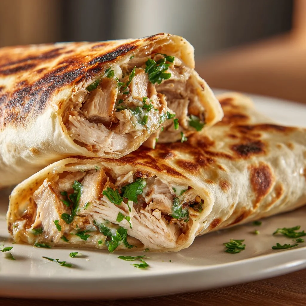 Wraps au poulet, ail et fromage fondu sur une assiette, plat savoureux et facile à préparer.