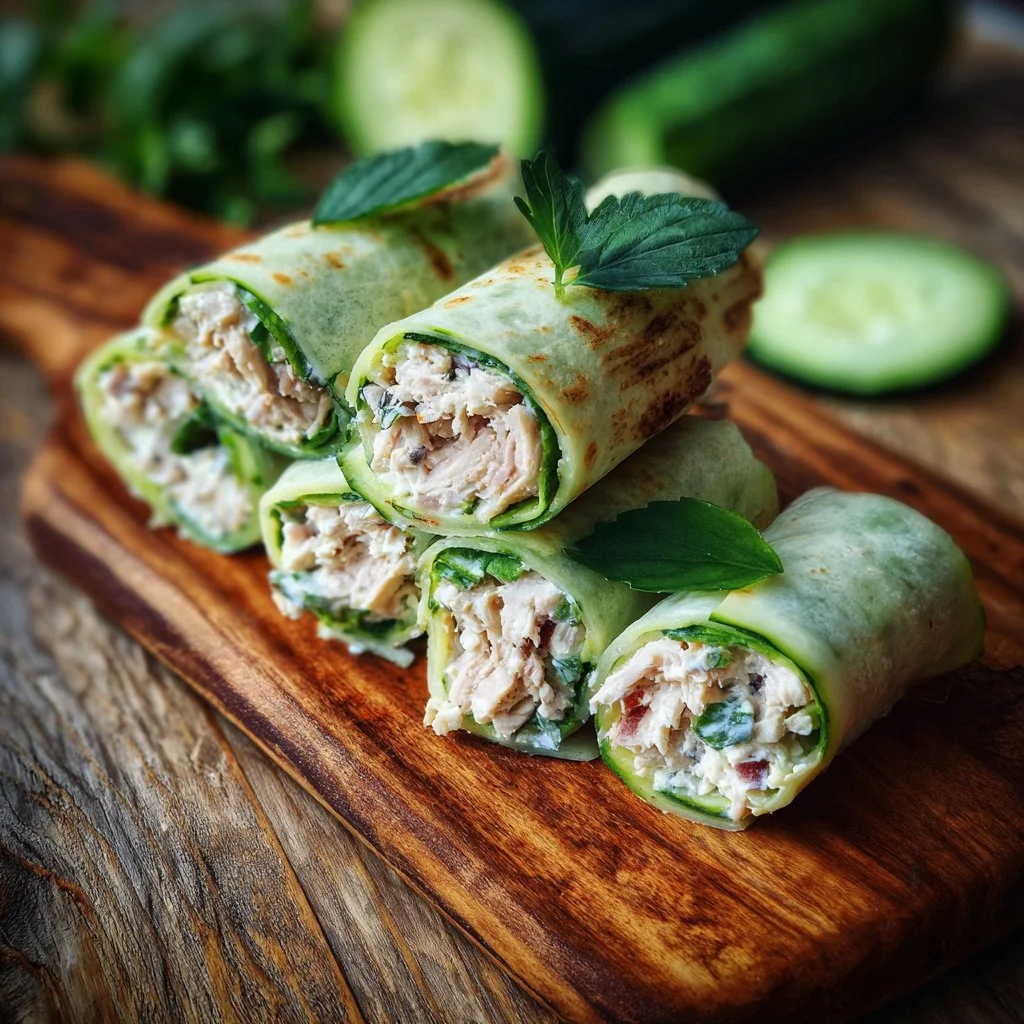 Wraps froids au thon, concombre et fromage frais prêts à savourer.