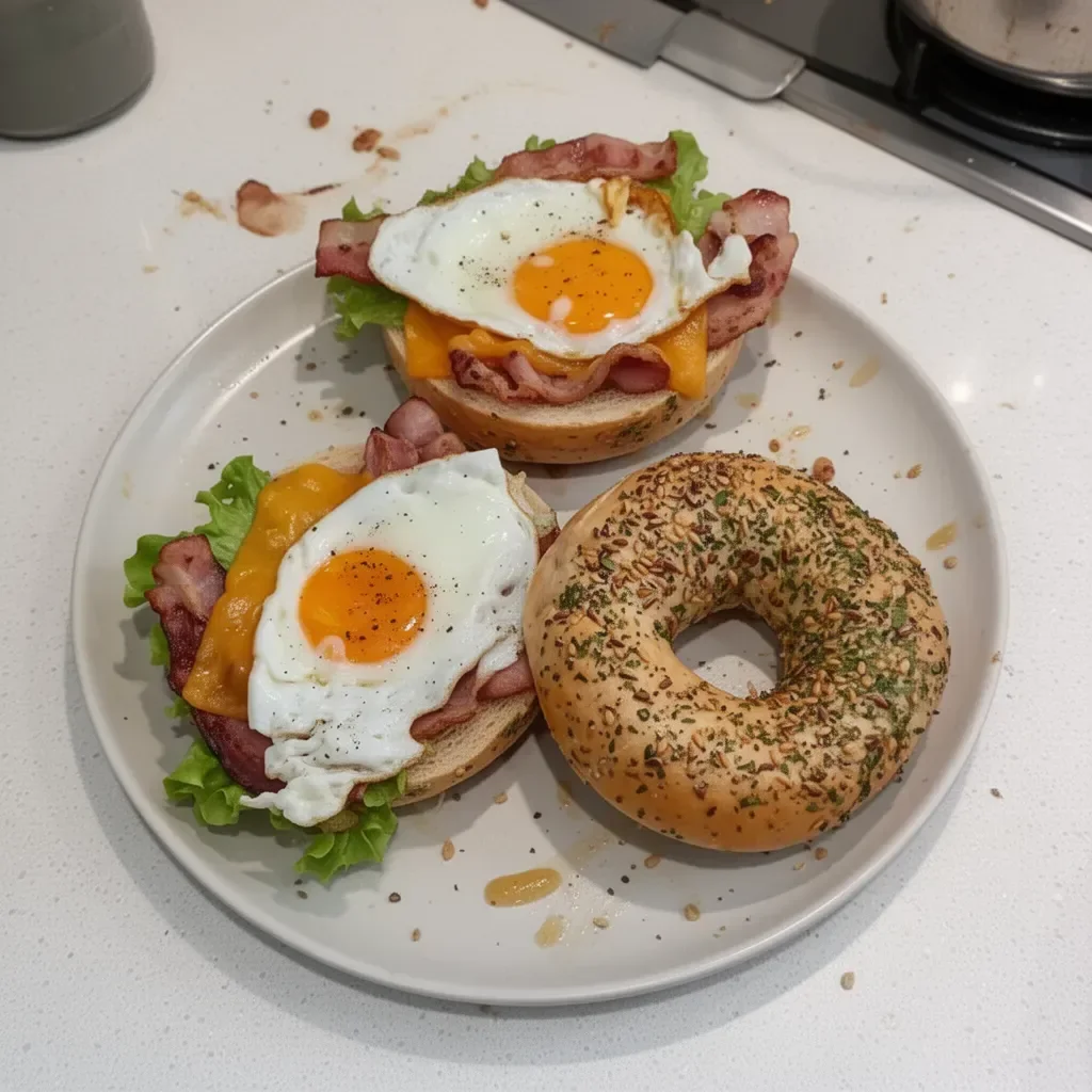 Delicieux bagels au bacon croustillants garnis de crème fraîche et d'herbes