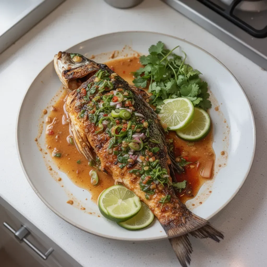 Bar à la plancha accompagné de sauce thaïe savoureuse