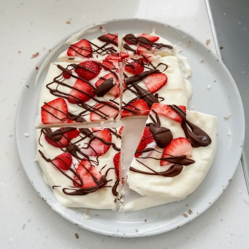 Bark au yaourt avec fraises fraîches en présentation colorée