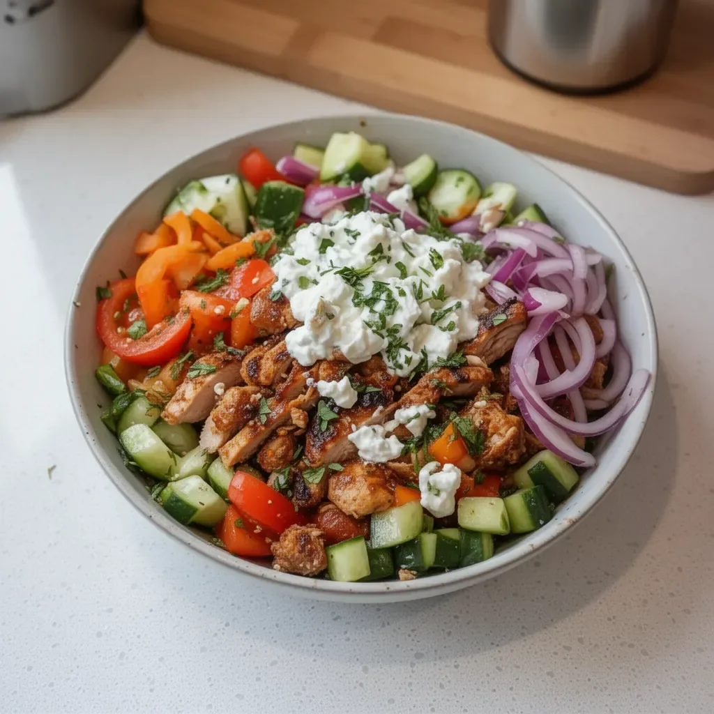 Bol de Döner rempli de viande savoureuse et de légumes frais