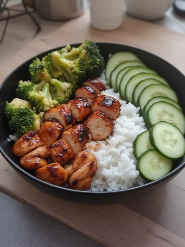 Bol de poulet teriyaki facile avec riz, brocoli et concombre frais