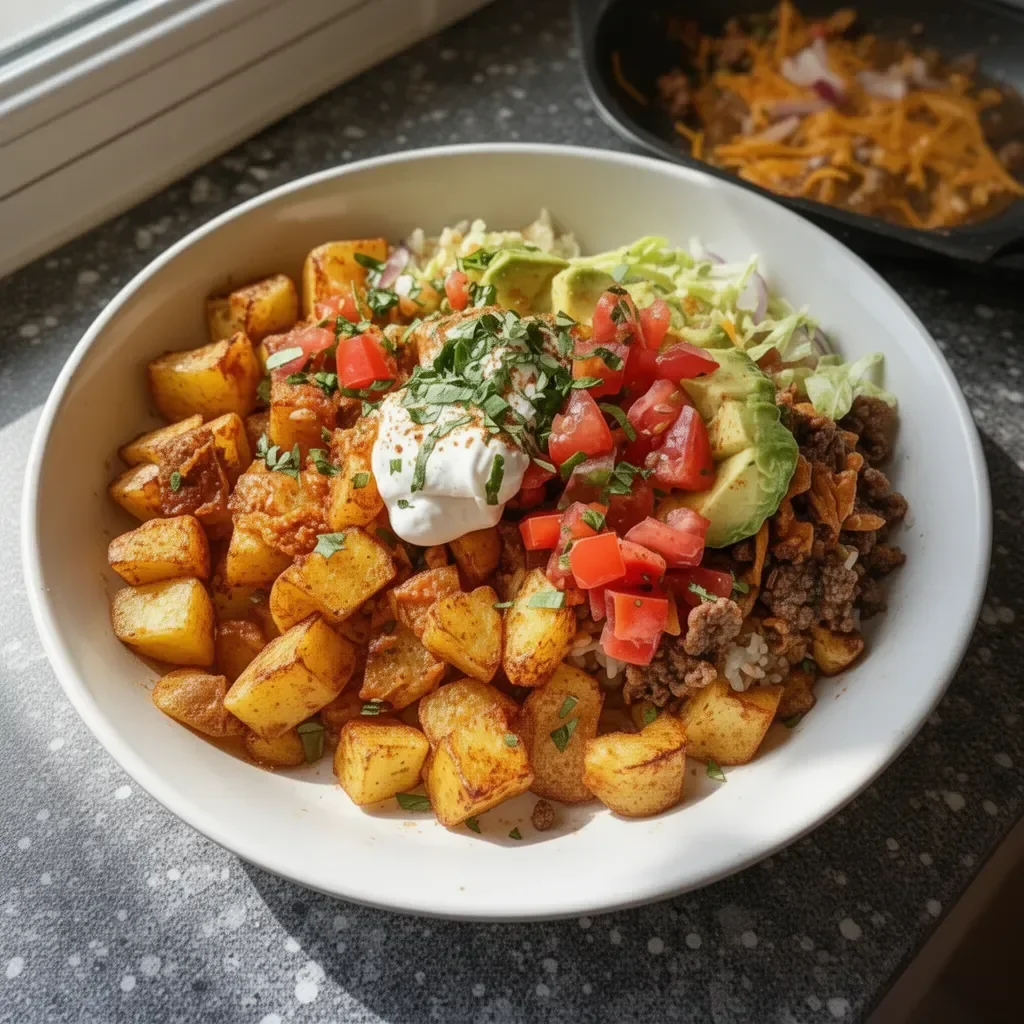 Bol de tacos aux pommes de terre rapides avec garnitures savoureuses