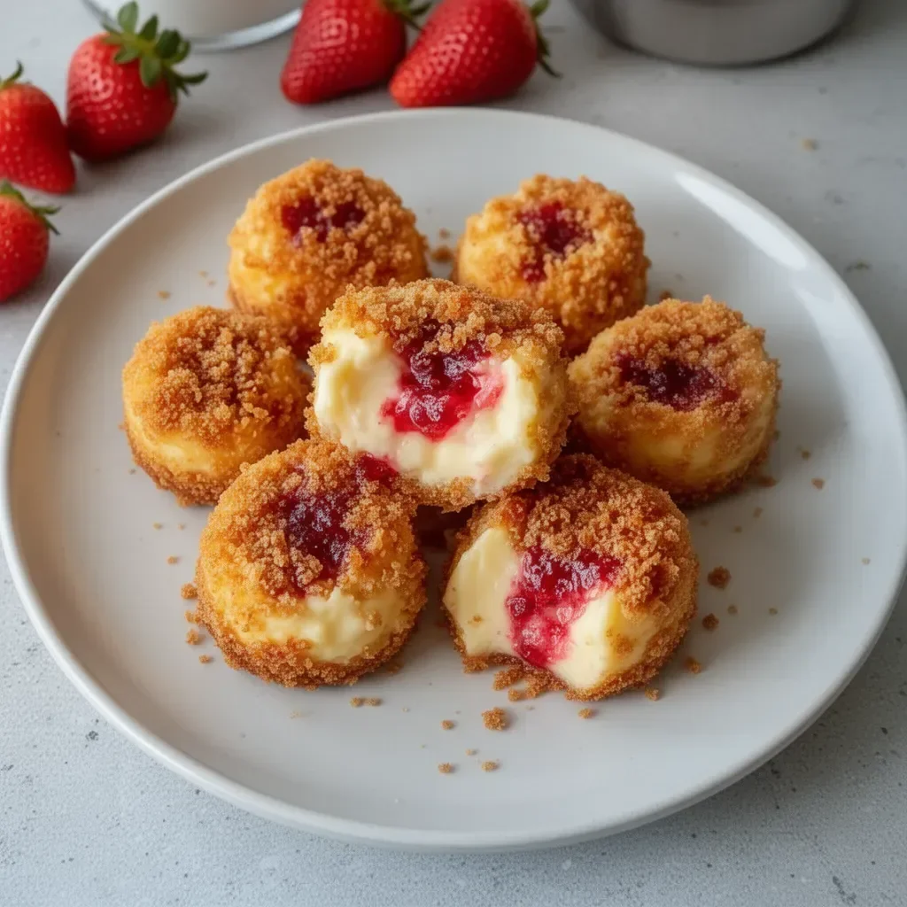 Bouchées de cheesecake aux fraises croustillantes sur une assiette