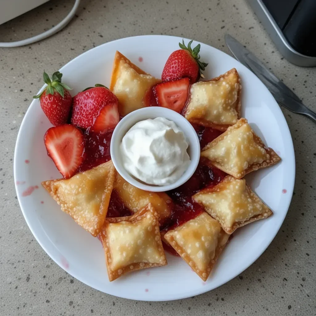 Bouchées de wonton farcies au cheesecake aux fraises frites, un dessert délicieux.