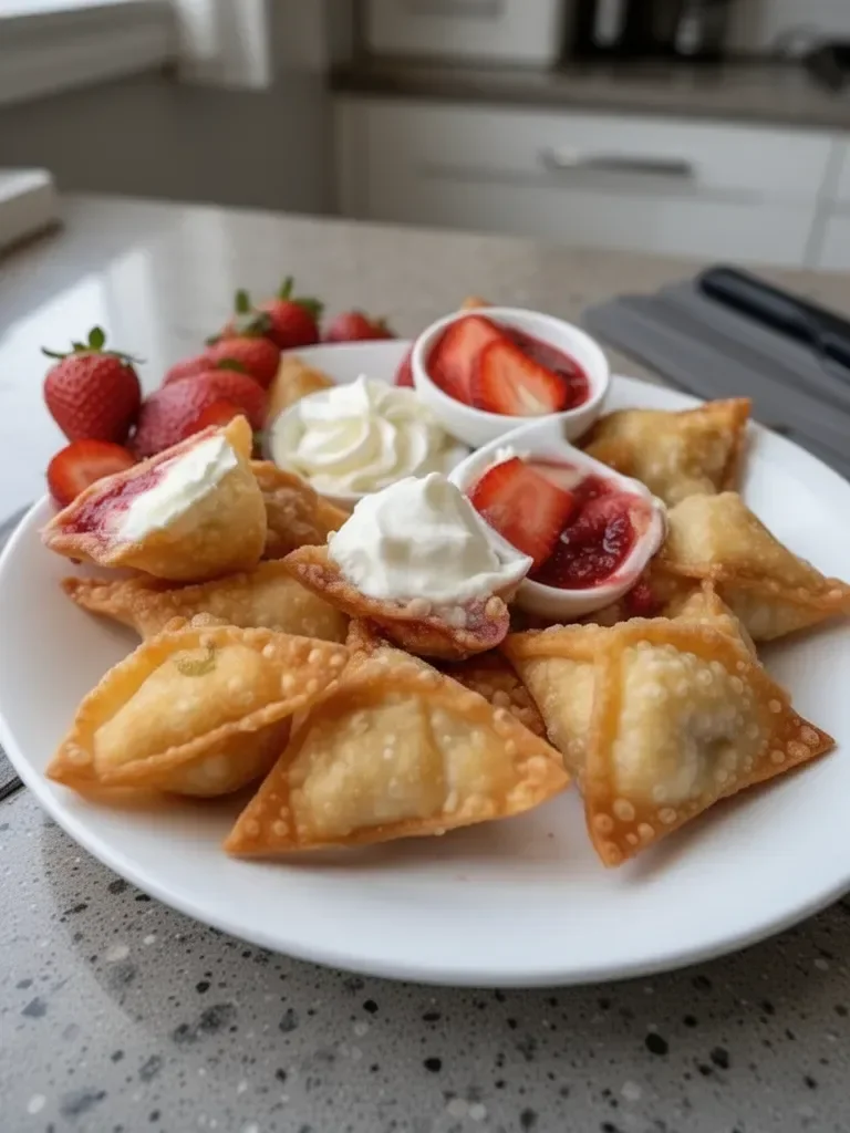 Bouchées de wonton farcies au cheesecake aux fraises frites