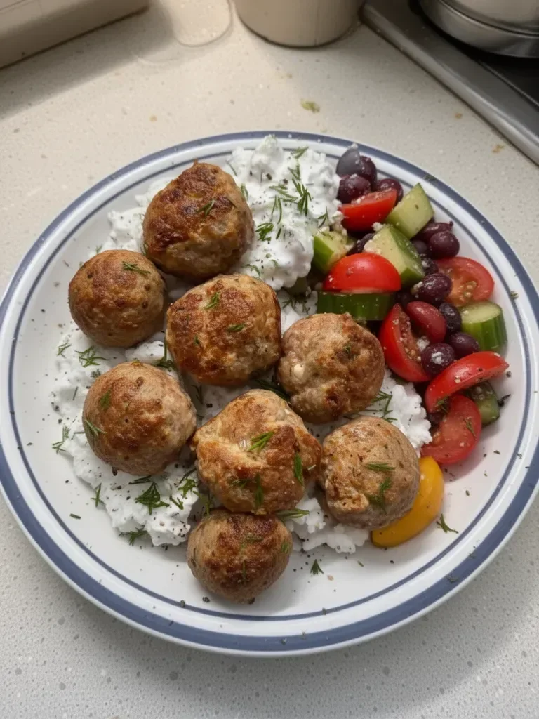 Boulettes de dinde grecques dorées sur une assiette garnie de citron et d'herbes