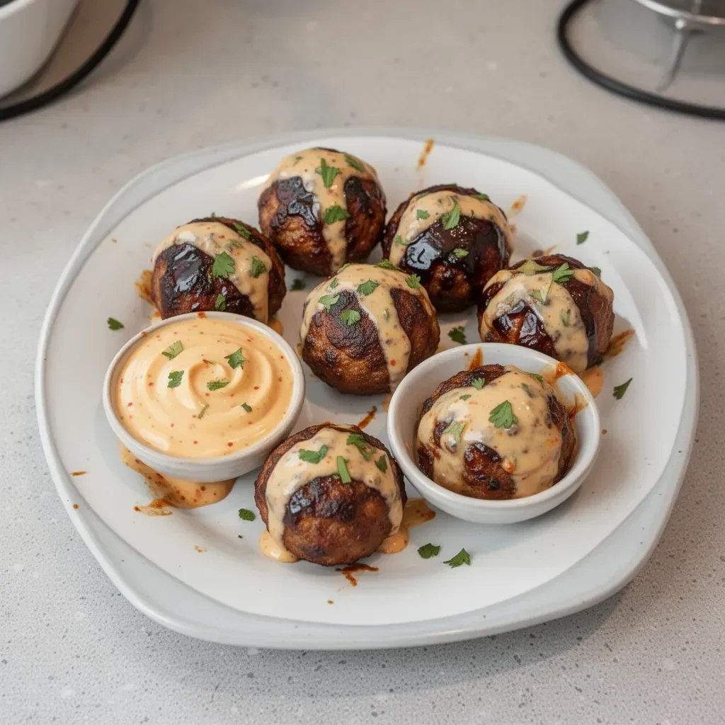 Boulettes de viande au BBQ coréen avec dip mayo épicé sur une assiette