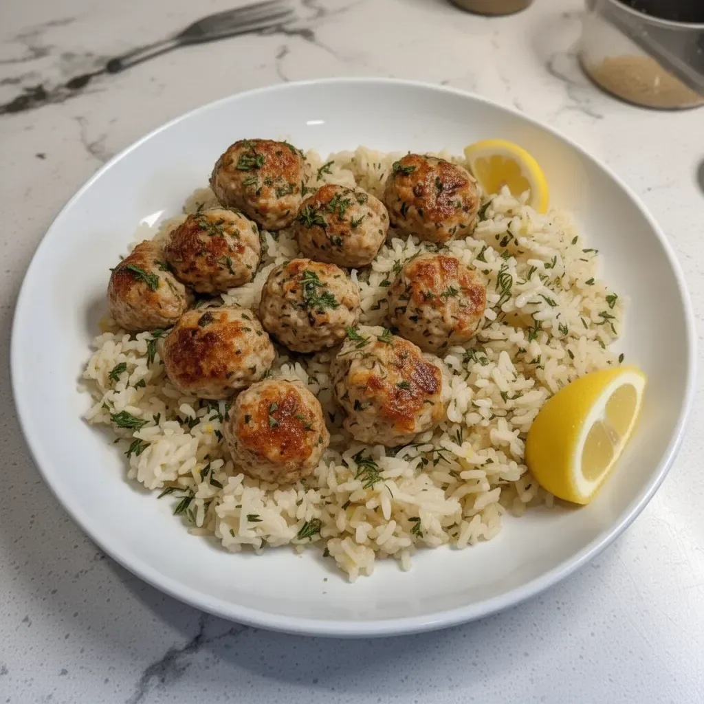 Boulettes de viande grecques au dinde servies avec du riz aux herbes et citron