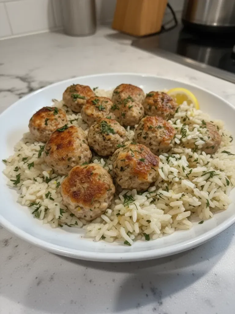 Boulettes de viande grecques au dinde avec du riz aux herbes et citron