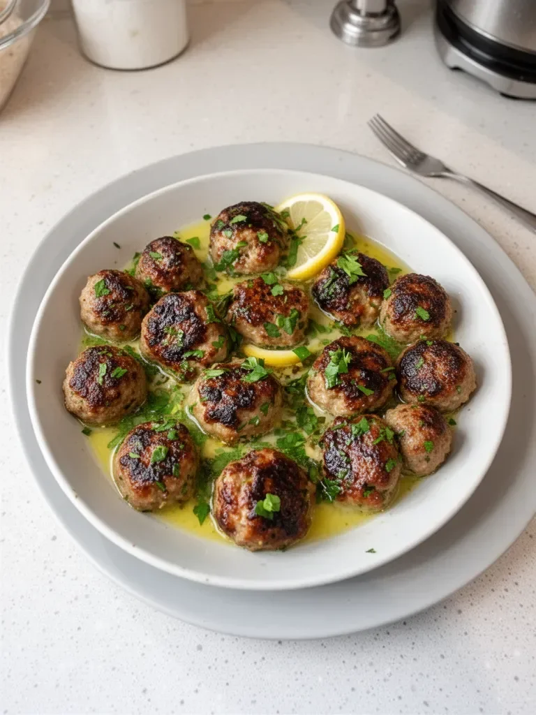 Boulettes de viande grecques dans une sauce au citron sur une assiette.