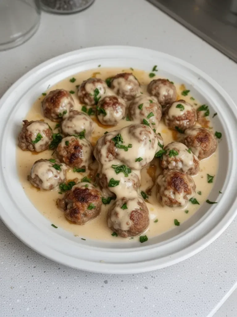 Boulettes de viande suédoises servies avec sauce et purée