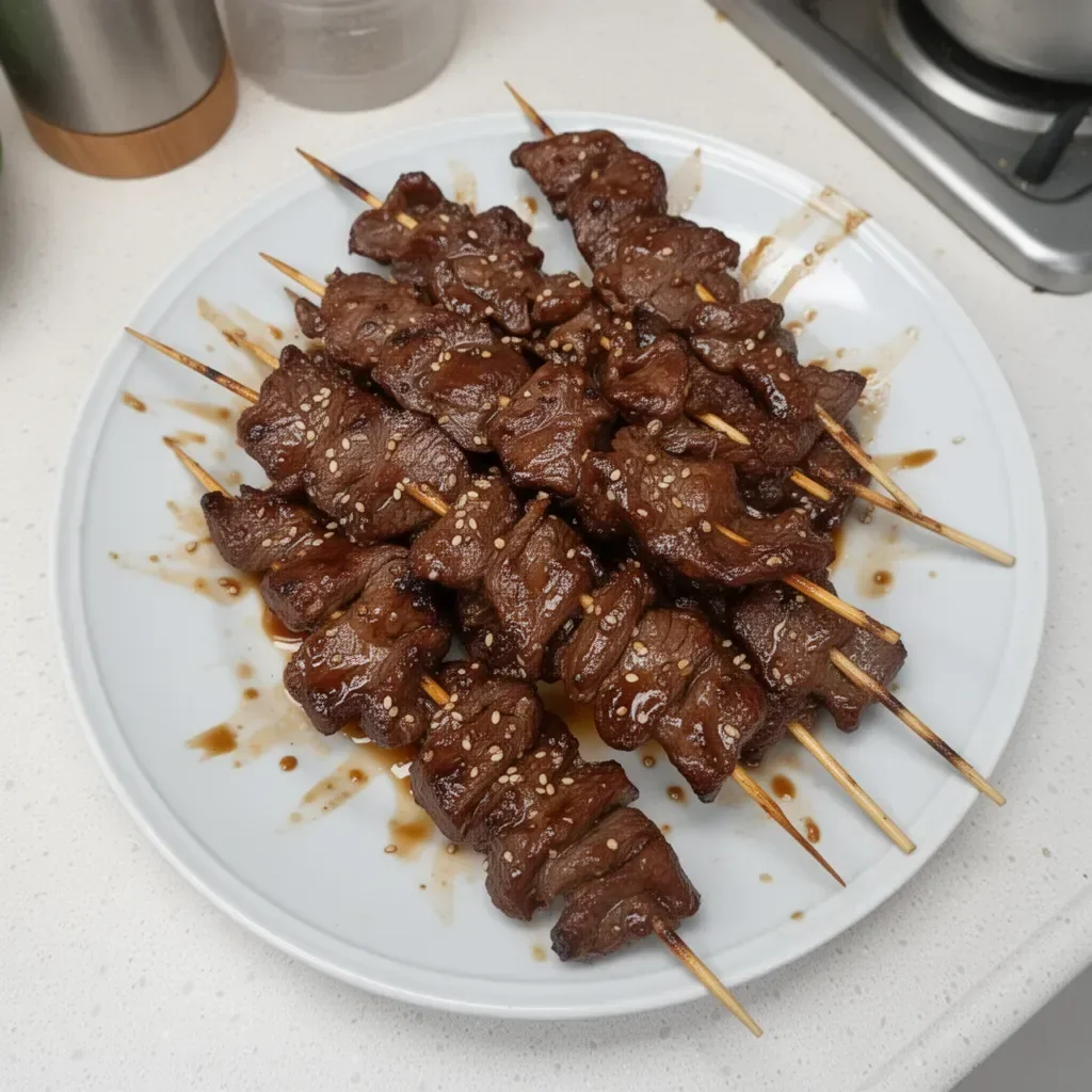 Brochettes de bœuf teriyaki au sésame, préparées avec soin et à la présentation appétissante.