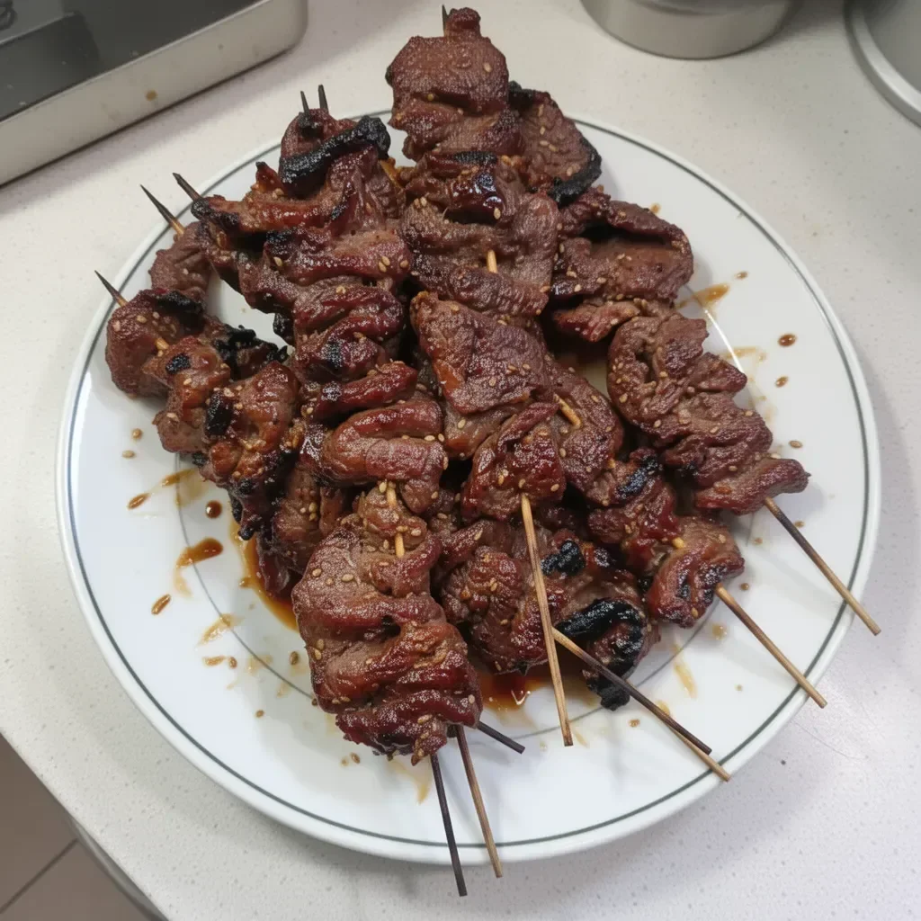 Brochettes de bœuf teriyaki au sésame préparées sur un grill.