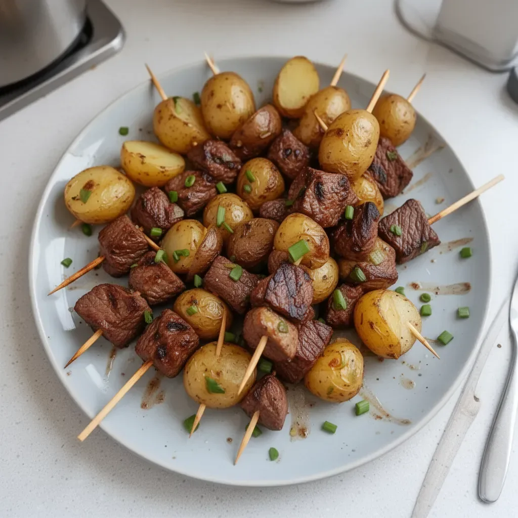 Brochettes de steak grillées servies avec des pommes de terre grillées