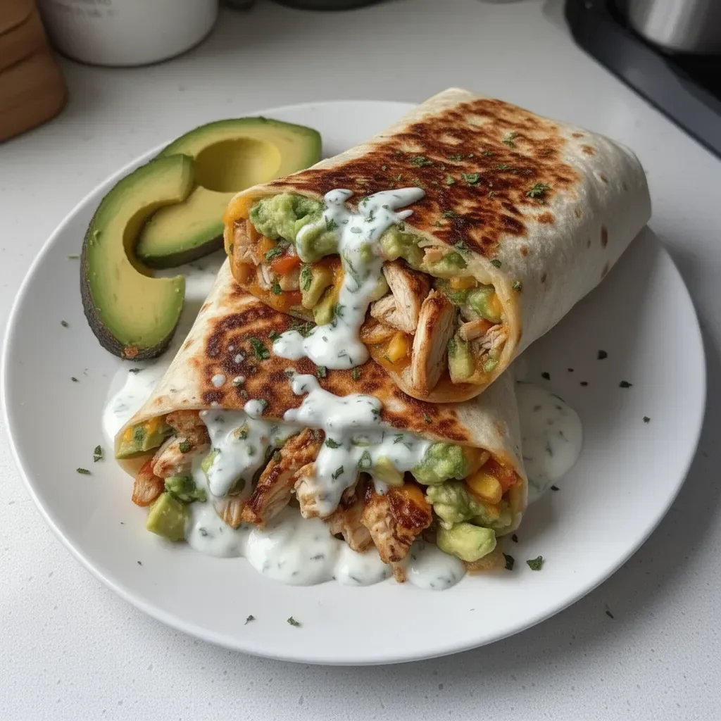 Burritos au poulet avec avocat et sauce ranch dans une assiette
