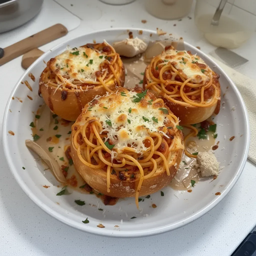 Casseroles de spaghetti délicieuses dans des bols de pain à l'ail