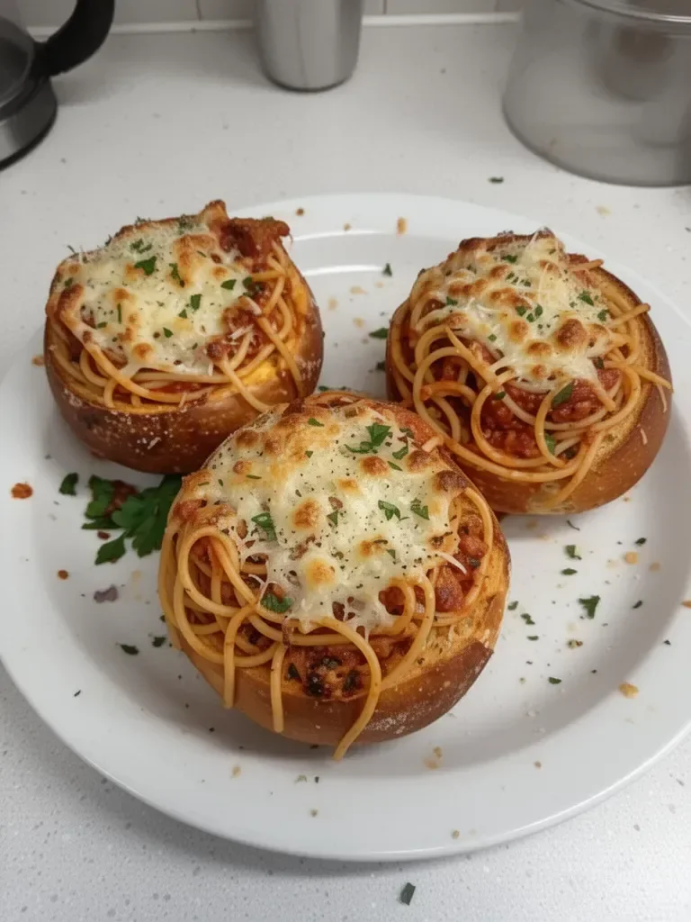 Casseroles de Spaghetti dans des Bols de Pain à l'Ail