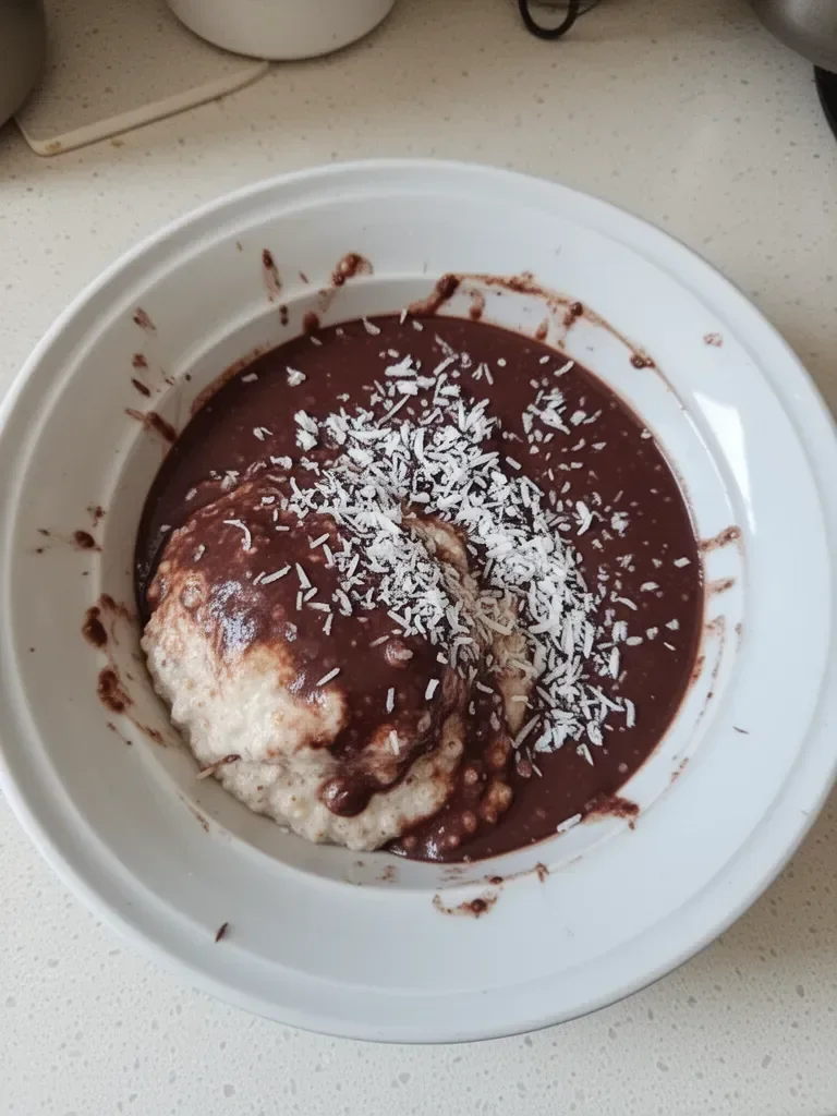 Porridge au chocolat et à la noix de coco façon Bounty dans un bol