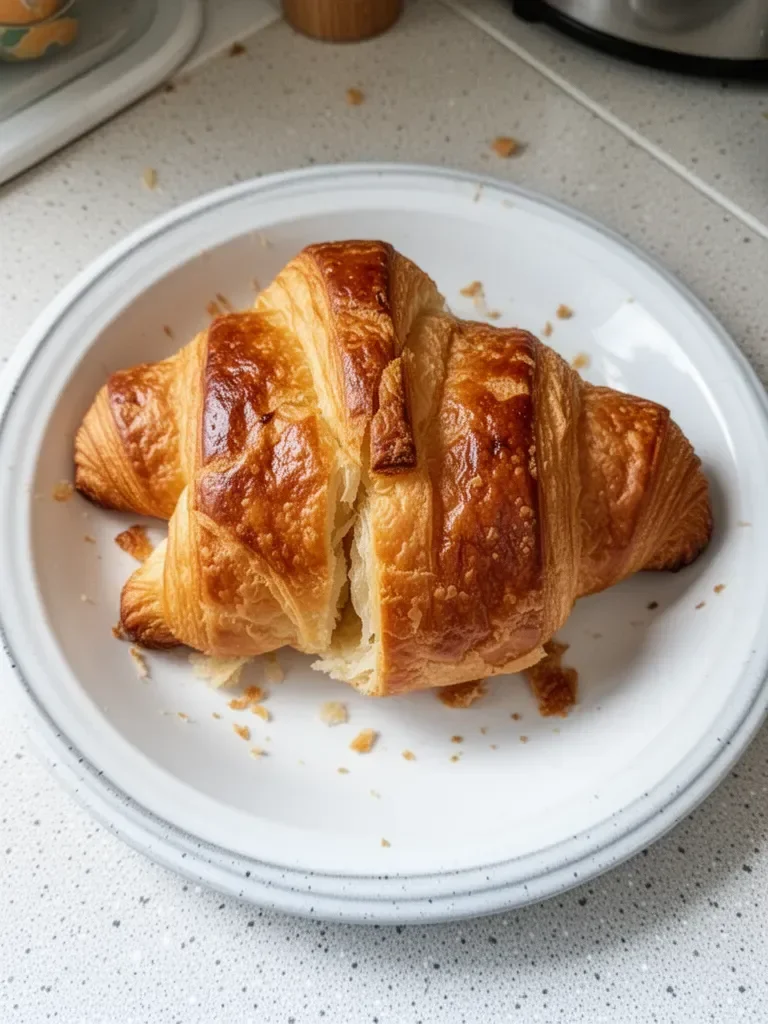Un croissant doré et feuilleté sur une assiette en céramique.