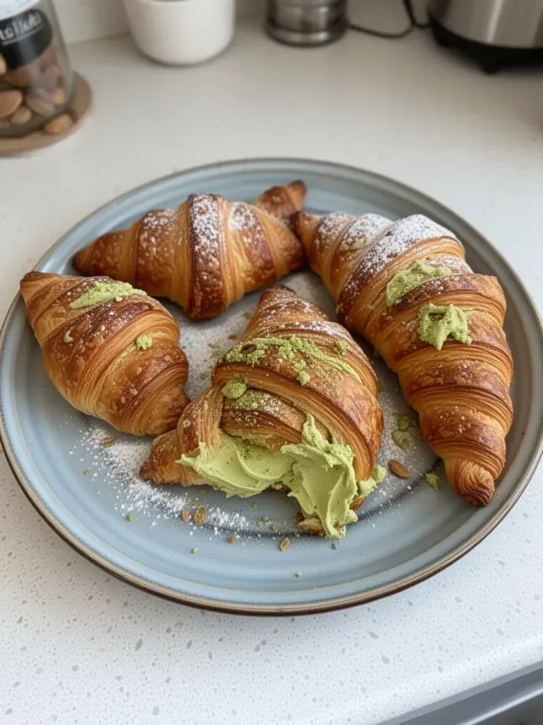 Croissants à la crème de pistache dorés et prêts à être dégustés.