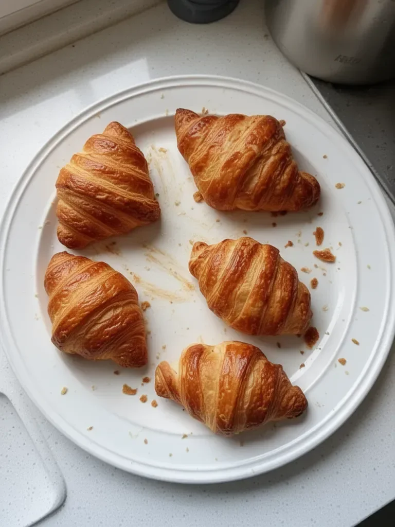 Recette de croissants au levain dorés et croustillants sur une assiette.