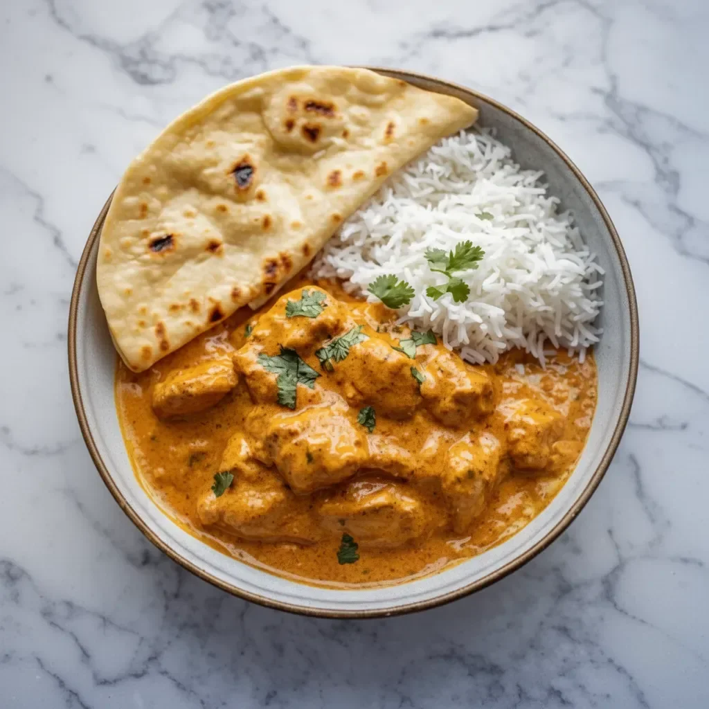 Bol de curry indien crémeux avec des ingrédients frais et épicés.