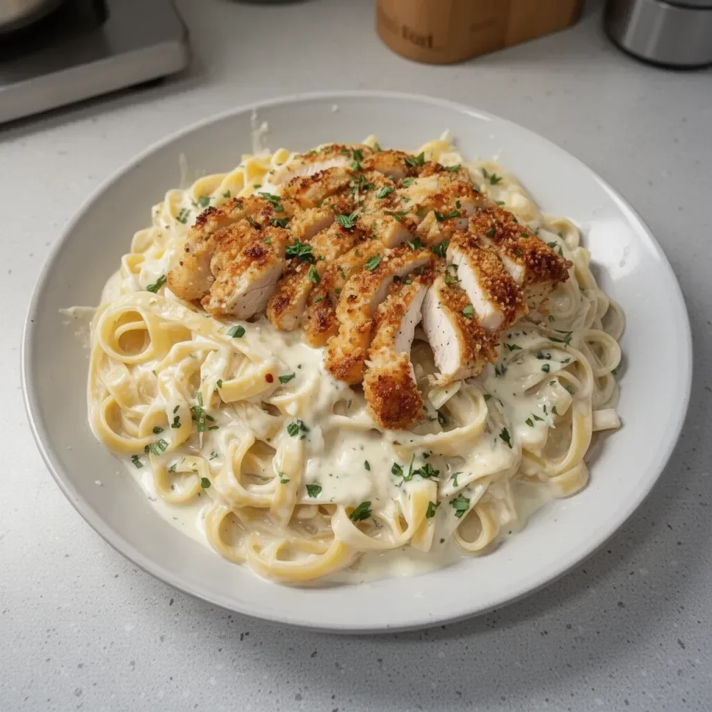 Fettuccine Alfredo au Poulet Croustillant garni de fromage et herbes fraîches