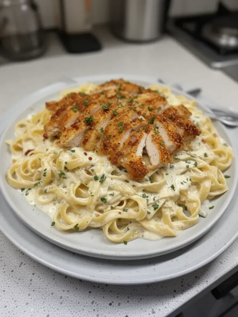 Fettuccine Alfredo au poulet croustillant