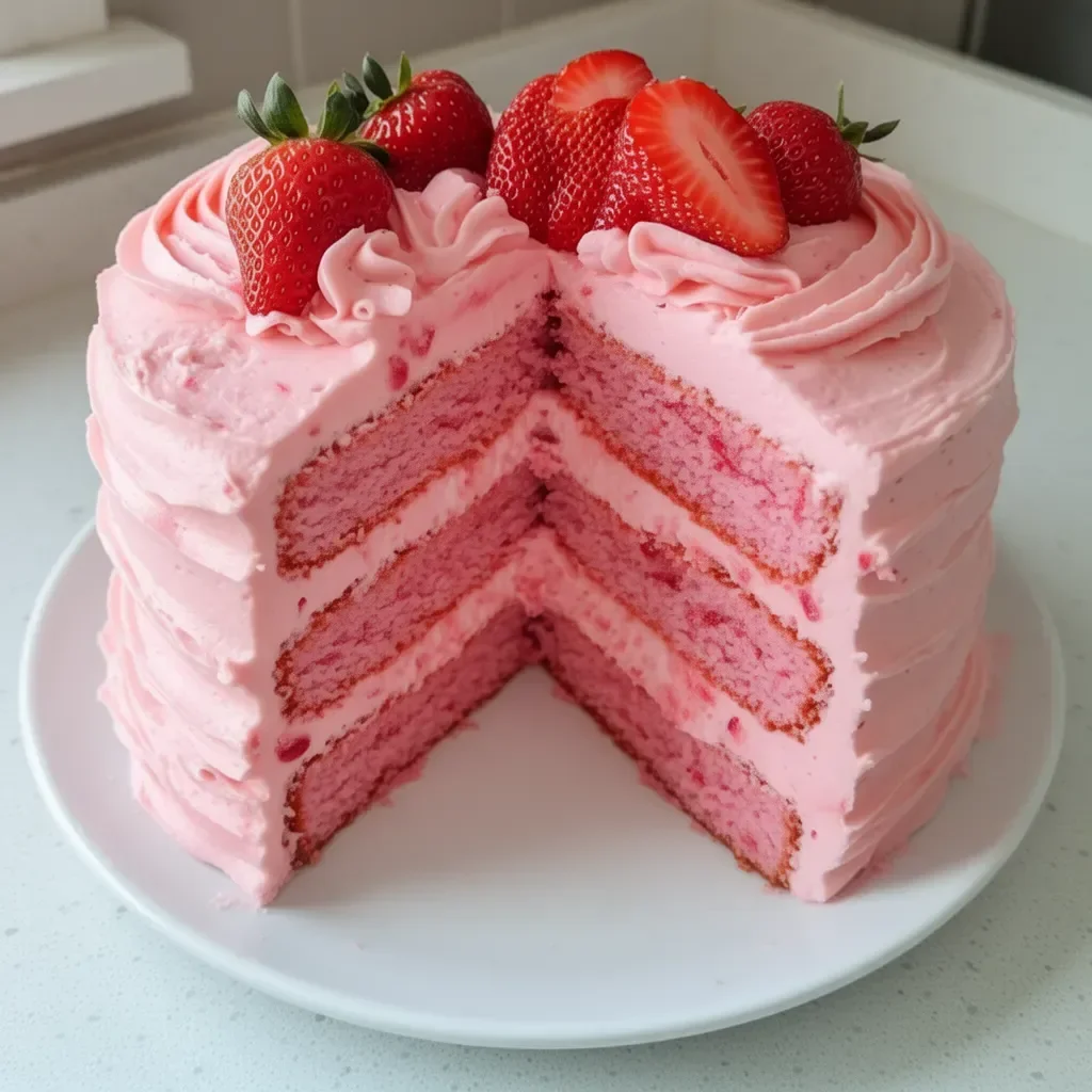 Gâteau aux fraises fait maison avec glaçage aux fraises sur une assiette