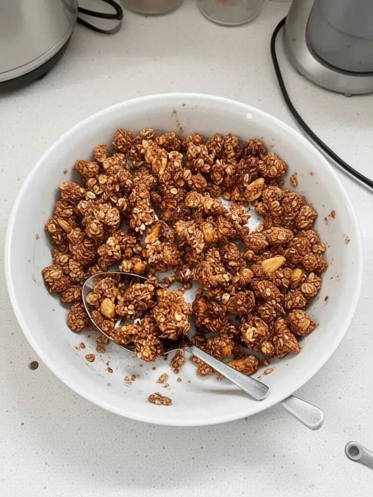 Bol de granola fait maison croustillant avec fruits et noix.