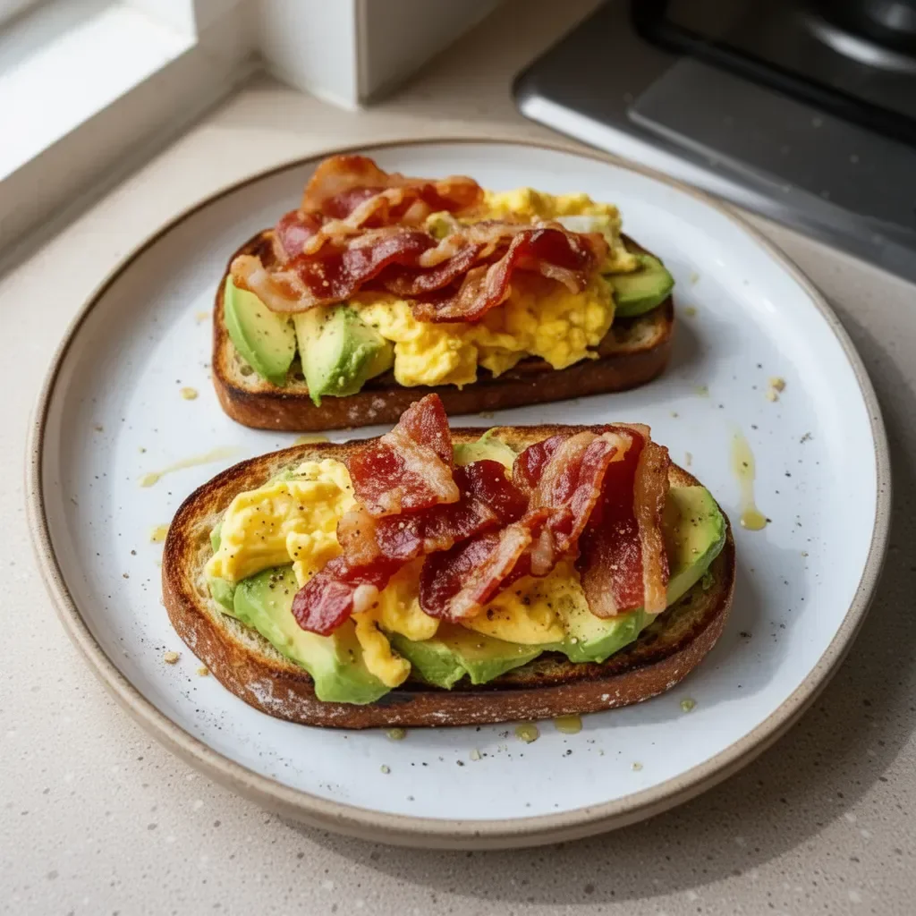 Petit-déjeuner indulgent avec bacon, œufs et avocat sur une assiette.