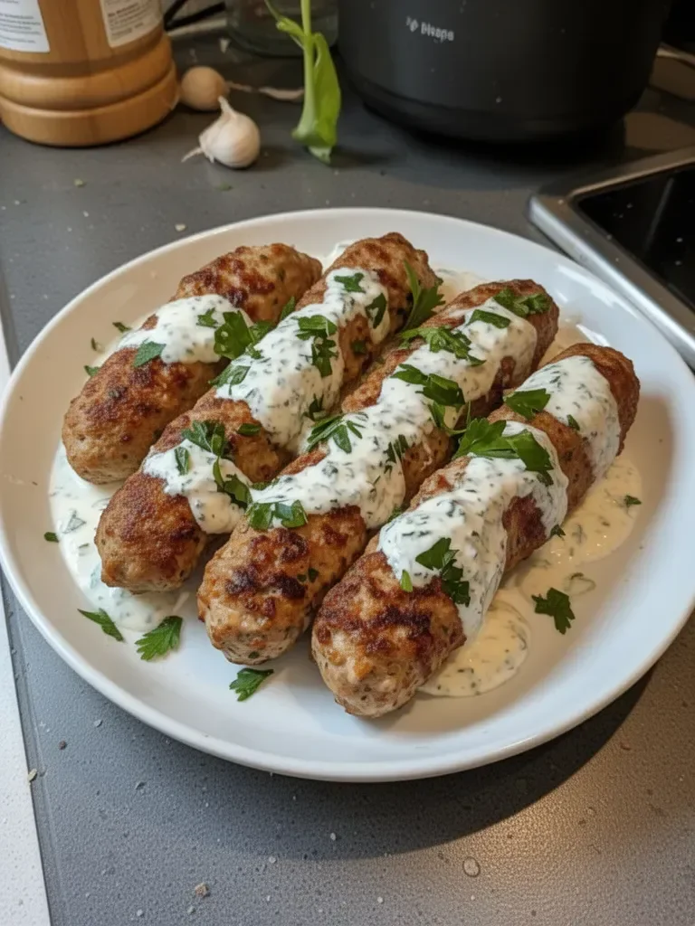 Kofta de poulet servie avec sauce yaourt à l’ail