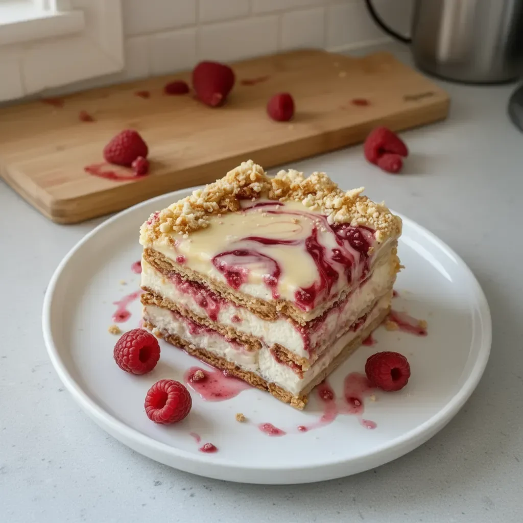 Dessert crémeux de Lasagne Chocolat Blanc Framboise, une gourmandise revisitée.